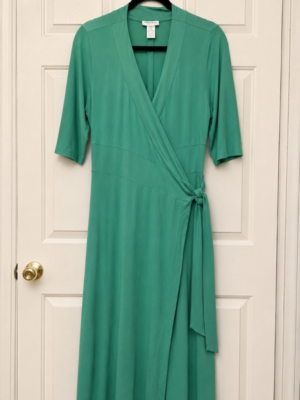 4P Chadwicks Green Solid Wrap Midi Dress V-Neck 3/4 Sleeve Tie Waist